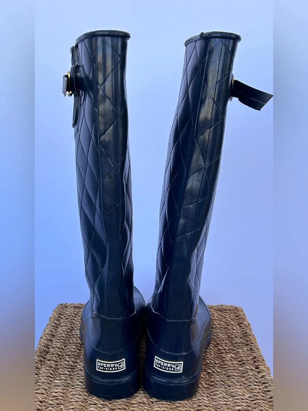 Sperry Top-Sider Women’s Pelican Navy Quilted Rain Boots Gold Buckle Size 9‎